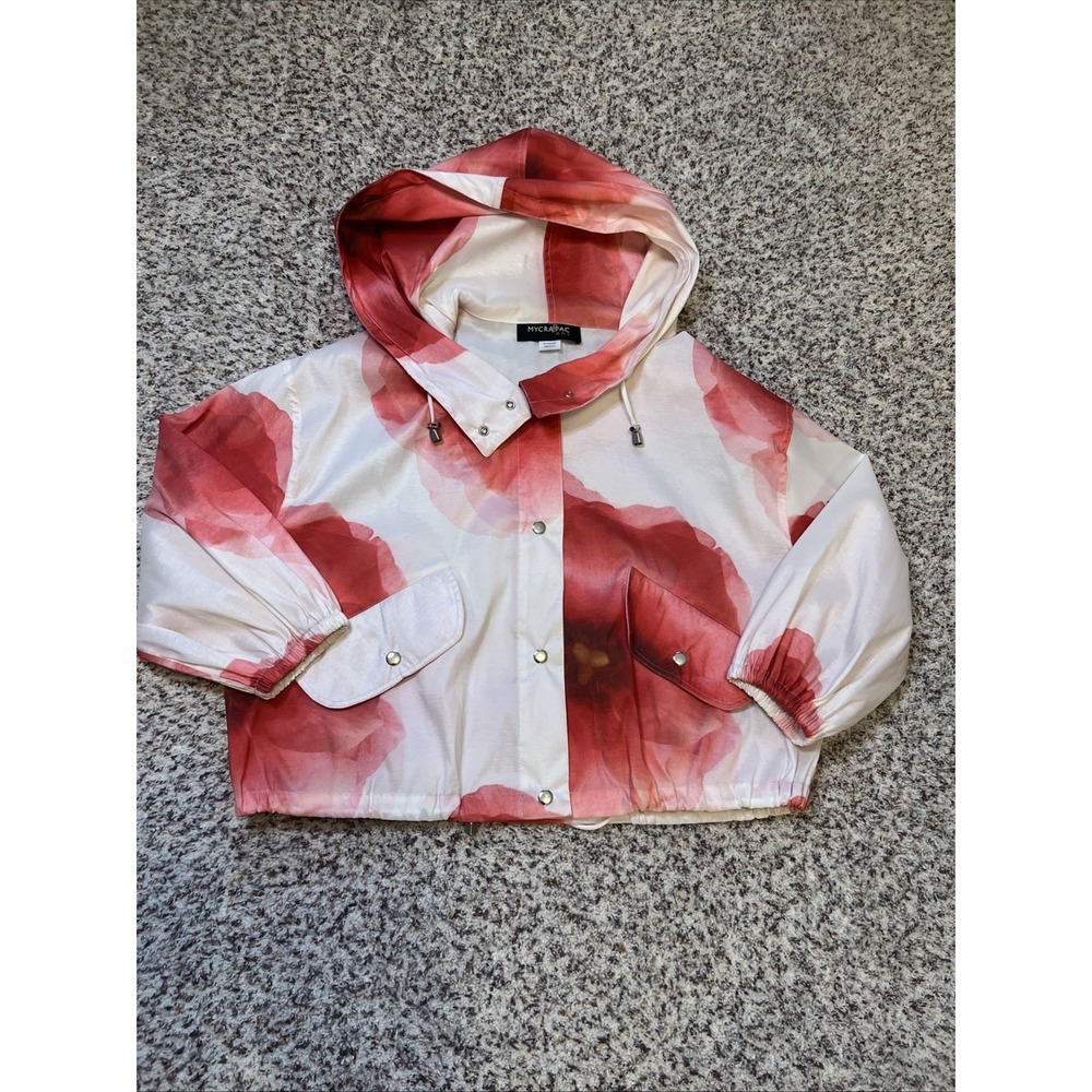 Mycra Pac Hooded Raincoat Jacket White Pink Floral Size 1( S-M) USA 3/4 Sleeve